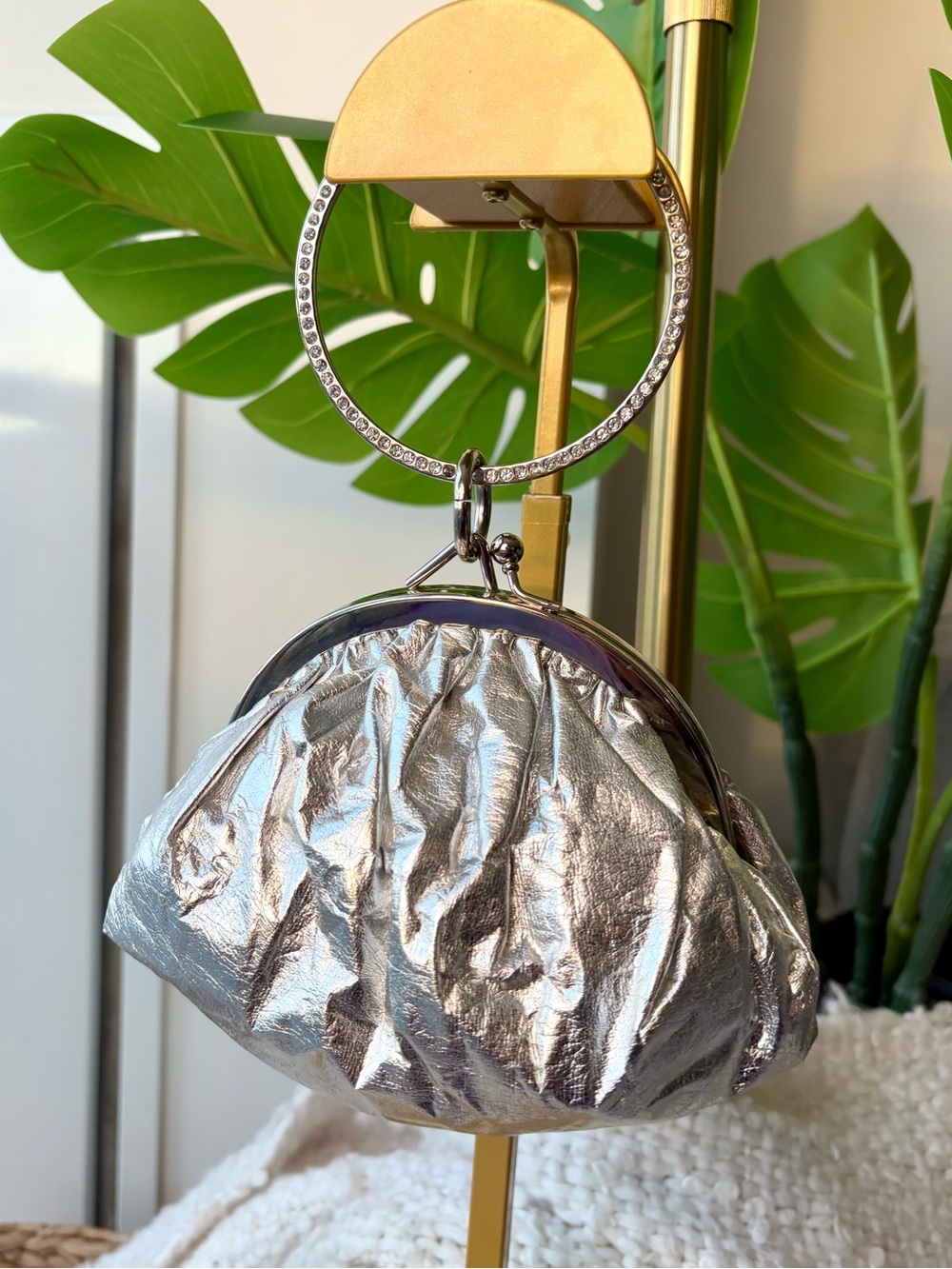 Vintage Y2K ALDO Silver Rhinestone Bracelet Handle Clutch Bag
